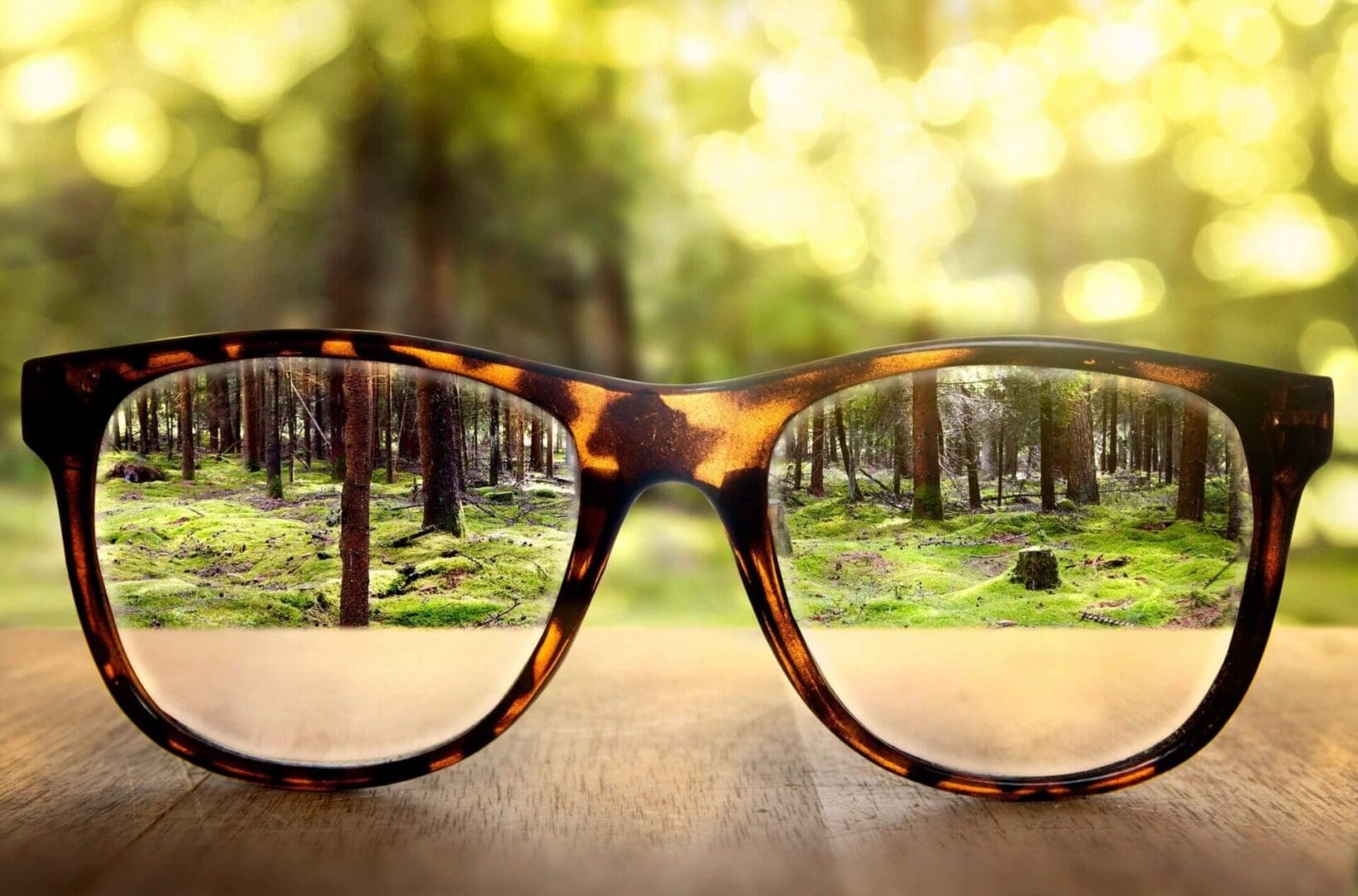 A pair of glasses sitting on top of a wooden table.